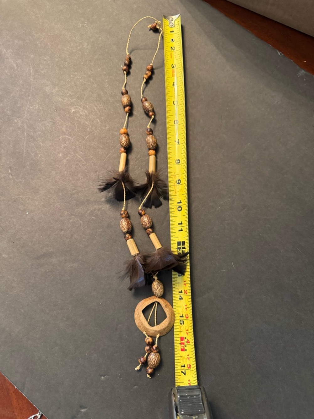 Vintage Boho Wooden Bead & Feather Necklace - Brown